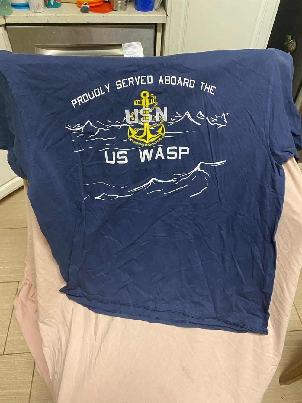 Blue Proudly Served Aboard The US Wasp Shirt Size Large